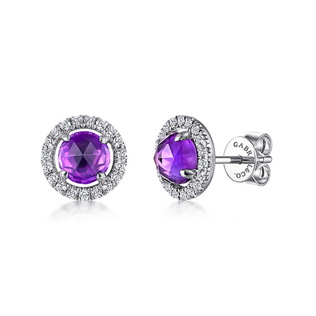 Gabriel & Co 14K White Gold Round Amethyst and Diamond Halo Stud Earrings