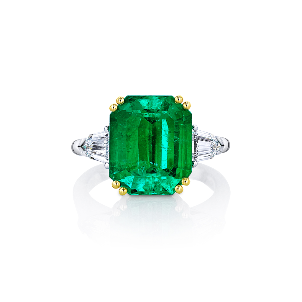 Platinum and 18k Yellow Gold 6.67ct Emerald and Diamond Three Stone Ring