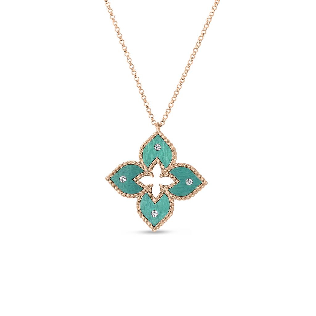 Roberto Coin 18k Rose Gold Venetian Princess Small Green Titanium And Diamond Flower Necklace