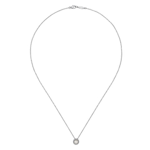 Gabriel & Co. 14K White Gold Pearl and Diamond Halo Pendant Necklace