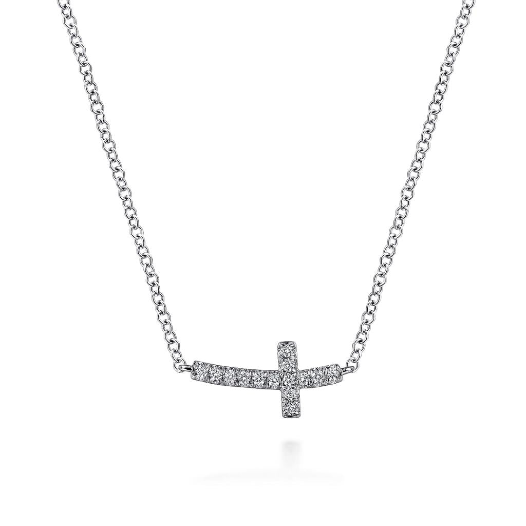 Gabriel & Co. 14K White Gold Sideways Curved Diamond Cross Necklace