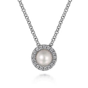 Gabriel & Co. 14K White Gold Pearl and Diamond Halo Pendant Necklace