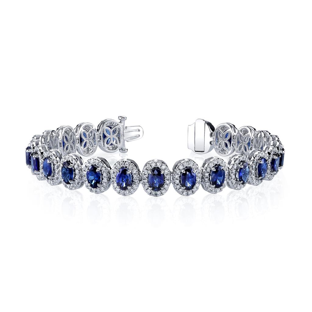 18k White Gold Oval Cut Sapphire and Diamond Halo Bracelet