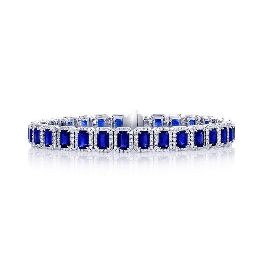 18k White Gold Emerald Cut Sapphire and Diamond Halo Bracelet